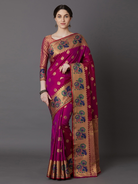 Mitera Magenta & Beige Silk Blend Woven Design Banarasi Saree