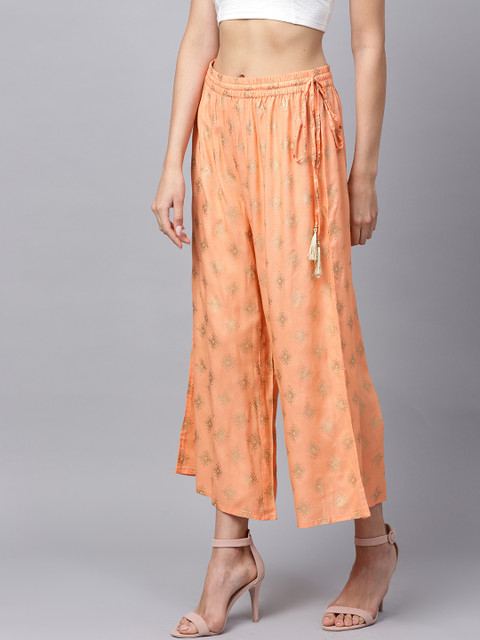 Varanga Women Peach-Coloured & Gold-Coloured Printed Straight Palazzos - Image 2