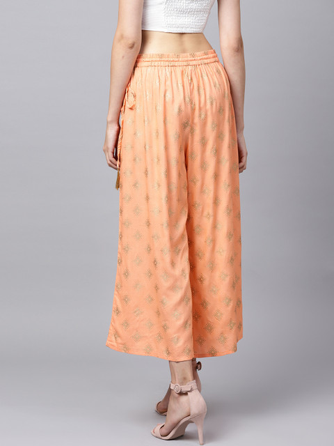Varanga Women Peach-Coloured & Gold-Coloured Printed Straight Palazzos - Image 3