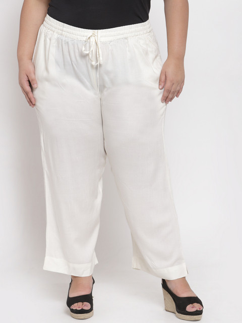 plusS Women White Solid Straight Palazzos
