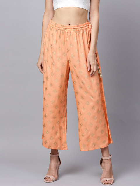 Varanga Women Peach-Coloured & Gold-Coloured Printed Straight Palazzos