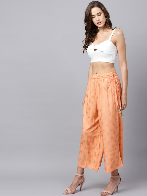 Varanga Women Peach-Coloured & Gold-Coloured Printed Straight Palazzos - Image 4