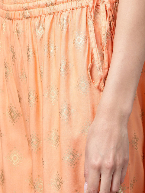 Varanga Women Peach-Coloured & Gold-Coloured Printed Straight Palazzos - Image 5