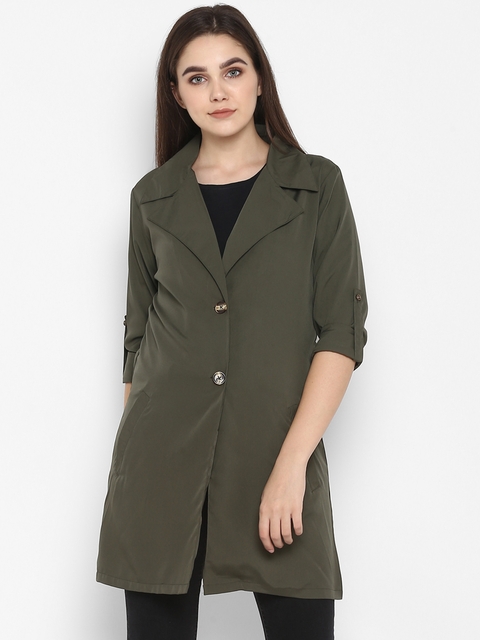 Color Cocktail Women Olive-Green Solid Trench Coat