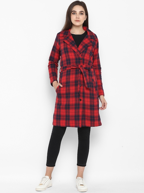 Color Cocktail Women Red & Black Checked Trench Coat
