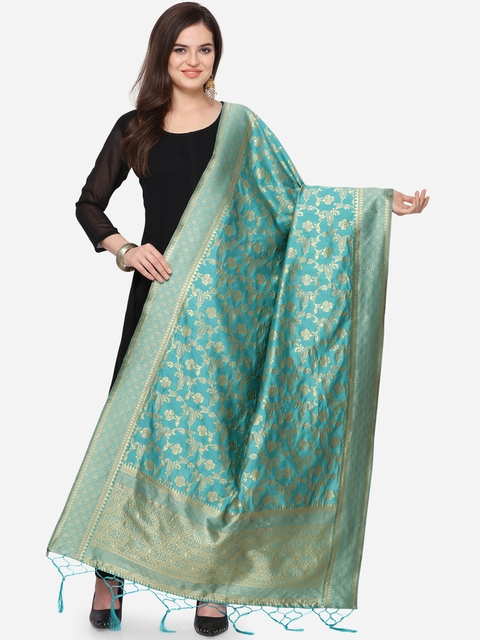 Satrani Blue & Gold-Coloured Woven Design Jacquard Banarasi Dupatta