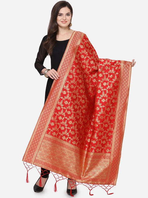 Satrani Red & Gold-Coloured Woven Design Jacquard Banarasi Dupatta