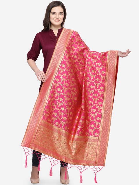 Satrani Pink & Gold-Coloured Woven Design Jacquard Banarasi Dupatta