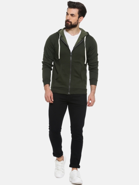 Campus Sutra Men Olive Green Solid Hooded Sweatshirt - Image 5