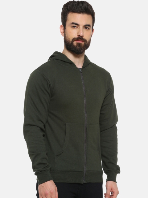 Campus Sutra Men Olive Green Solid Hooded Sweatshirt - Image 3