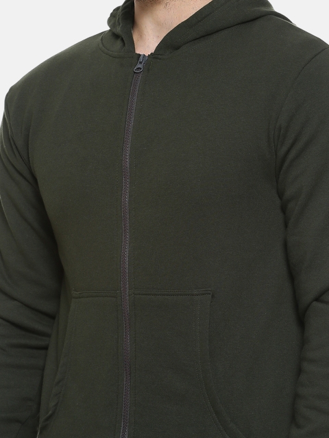 Campus Sutra Men Olive Green Solid Hooded Sweatshirt - Image 2
