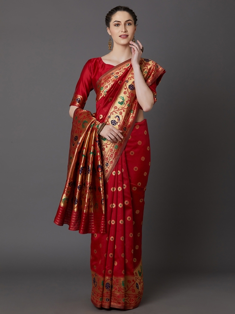 Mitera Red Silk Blend Woven Design Banarasi Saree