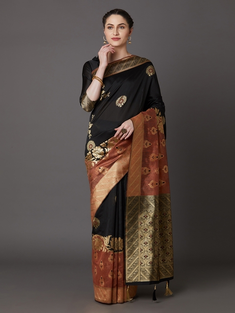 Mitera Black Silk Blend Woven Design Kanjeevaram Saree