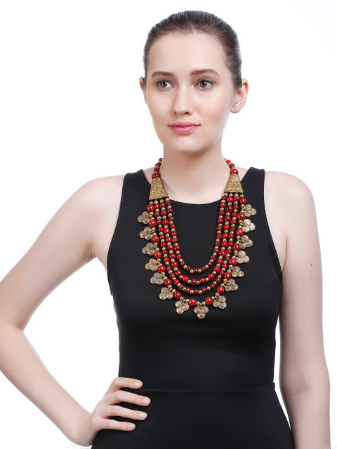 Bamboo Tree Jewels Antique Red & Gold-Toned Handcrafted Necklace - Image 4