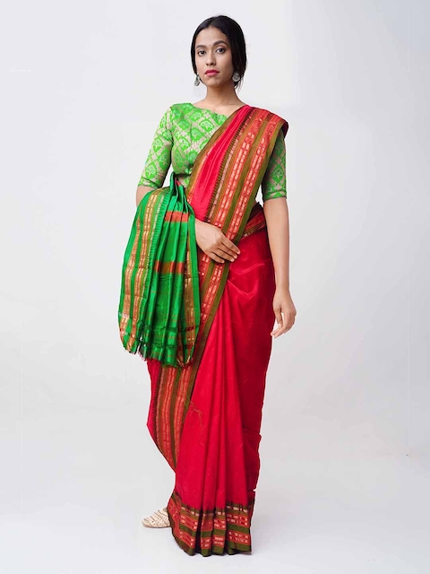 Unnati Silks Red Pure Silk Solid Narayan Peth Saree