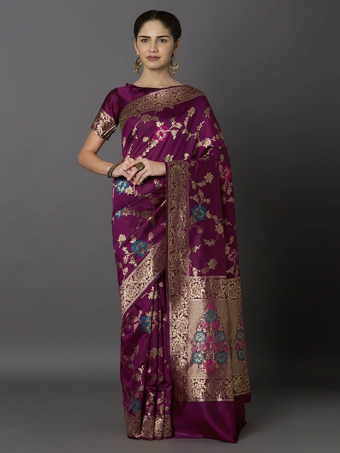 Mitera Purple & Gold-Toned Silk Blend Woven Design Kanjeevaram Saree