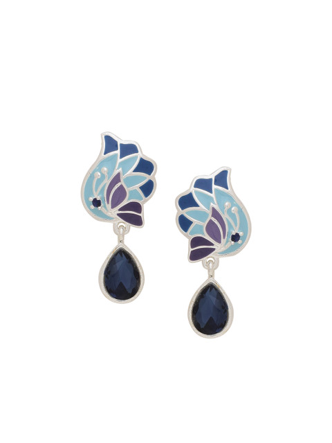 Voylla Silver-Plated & Blue Handcrafted Peacock Shaped Drop Earrings - Image 2