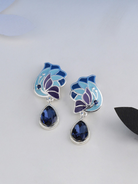 Voylla Silver-Plated & Blue Handcrafted Peacock Shaped Drop Earrings
