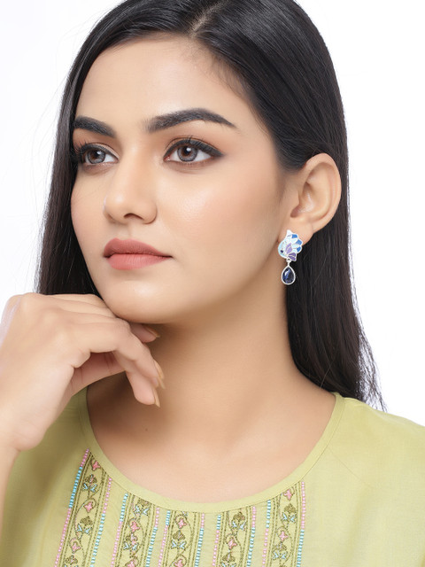 Voylla Silver-Plated & Blue Handcrafted Peacock Shaped Drop Earrings - Image 4