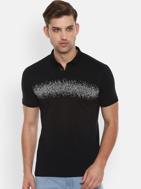 V Dot Men Black Printed Polo Collar T-shirt