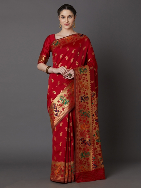 Mitera Red Silk Blend Woven Design Banarasi Saree