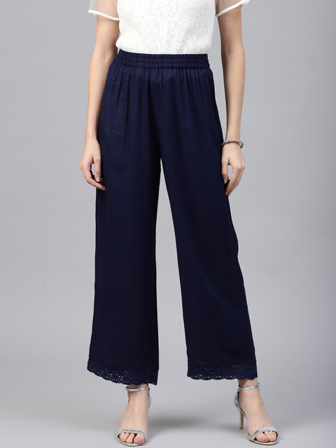 Juniper Women Navy Blue Solid Wide Leg Palazzos