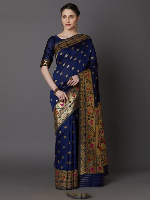 Mitera Navy Blue & Gold-Toned Silk Blend Woven Design Banarasi Saree