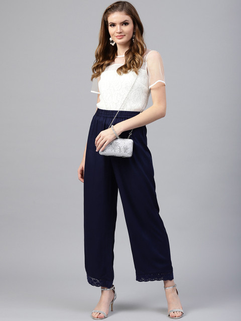 Juniper Women Navy Blue Solid Wide Leg Palazzos - Image 4