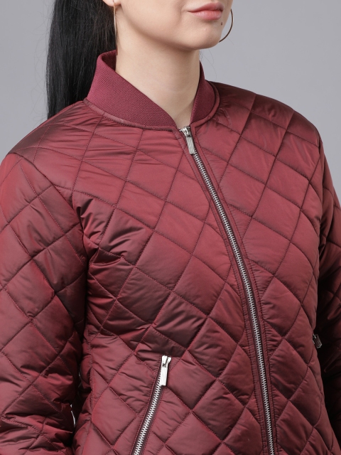 Tokyo Talkies Women Maroon Solid Quilted Jacket - Image 2