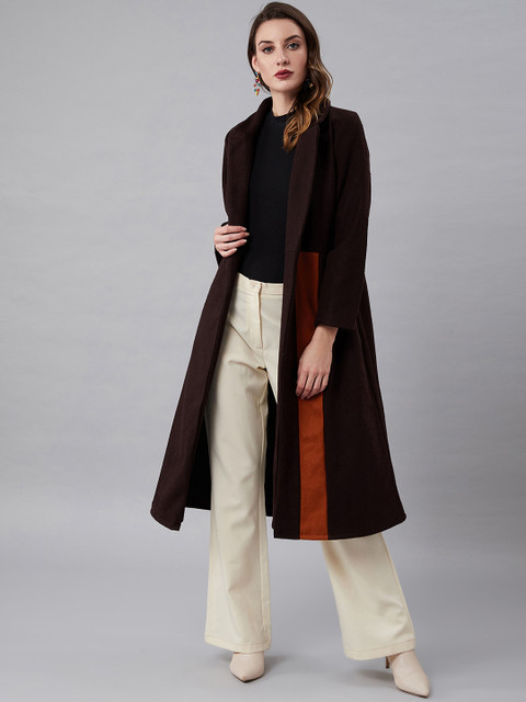 Athena Women Brown & Rust Orange Solid Longline Front-Open Wool Overcoat