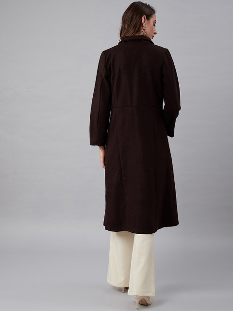 Athena Women Brown & Rust Orange Solid Longline Front-Open Wool Overcoat - Image 4