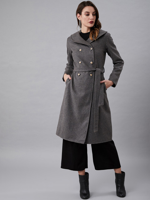 Athena Women Grey Solid Longline Double-Breasted Wool Pea Coat