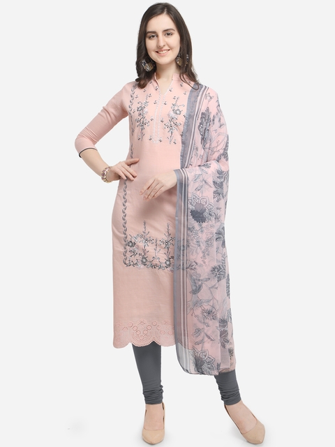 Rajnandini Pink & Grey Cotton Blend Unstitched Dress Material