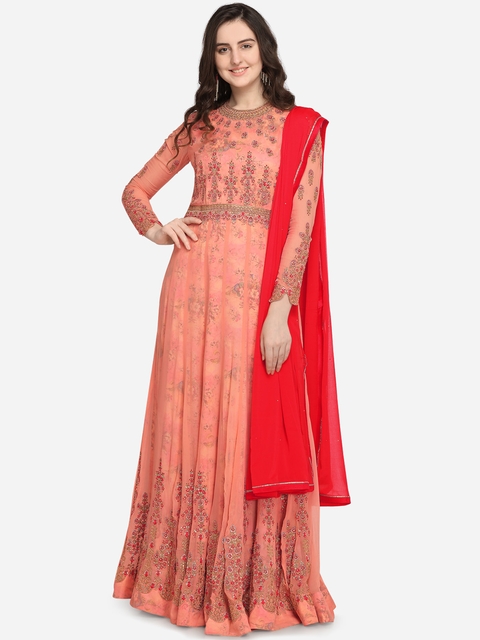 Stylee LIFESTYLE Peach-Coloured & Red Poly Georgette Semi-Stitched Dress Material