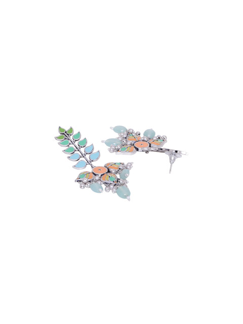 Voylla Silver-Plated Multicoloured Enamelled Leaf Shaped Drop Earrings - Image 3