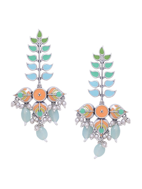 Voylla Silver-Plated Multicoloured Enamelled Leaf Shaped Drop Earrings - Image 2