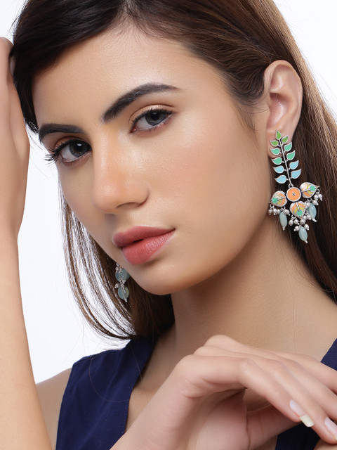 Voylla Silver-Plated Multicoloured Enamelled Leaf Shaped Drop Earrings - Image 4