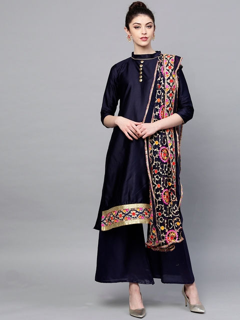 Ishin Navy Blue Pure Cotton Unstitched Dress Material