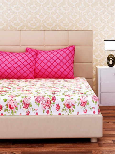 SEJ by Nisha Gupta White & Pink Floral 144 TC Cotton 1 King Bedsheet with 2 Pillow Covers - Image 2