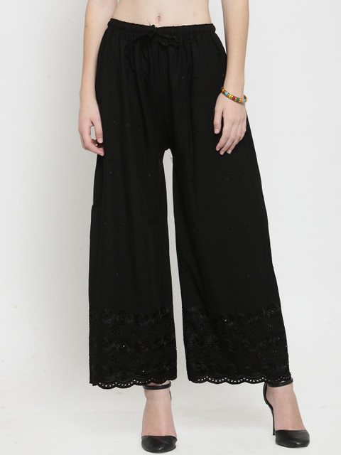 Clora Creation Women Black Embroidered Straight Palazzos