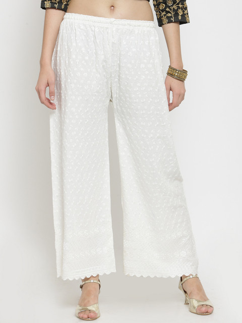 Clora Creation Women Off-White Embroidered Straight Palazzos