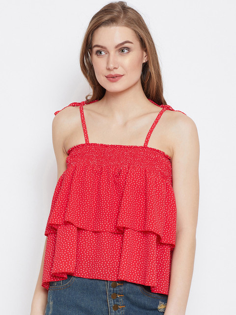PANIT Women Red Polka Dot Smocked Layered Top
