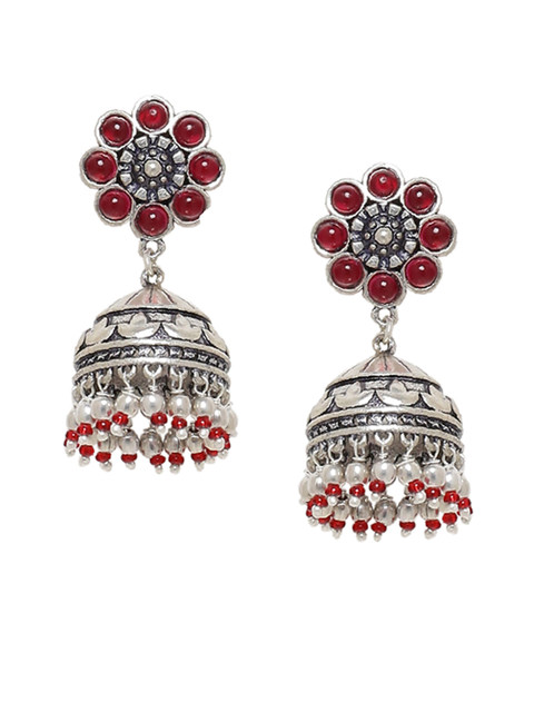 Voylla Maroon Oxidised Silver-Plated Handcrafted Dome Shaped Jhumkas - Image 2