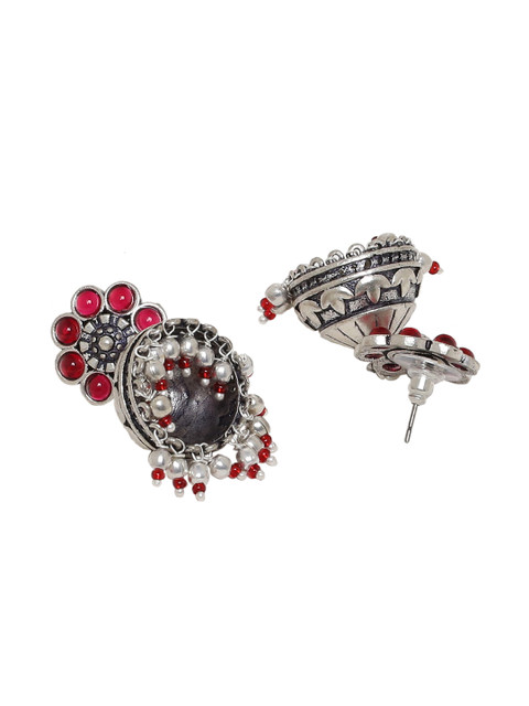 Voylla Maroon Oxidised Silver-Plated Handcrafted Dome Shaped Jhumkas - Image 3