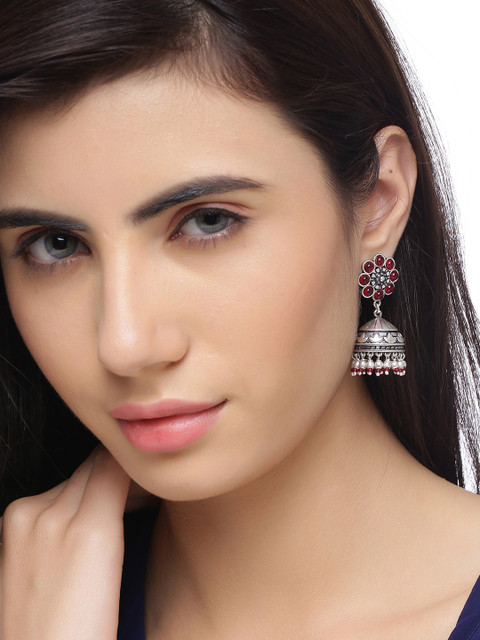 Voylla Maroon Oxidised Silver-Plated Handcrafted Dome Shaped Jhumkas - Image 4