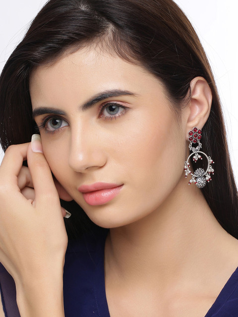 Voylla Oxidised Silver-Plated & Maroon Handcrafted Stone-Studded Circular Drop Earrings - Image 4