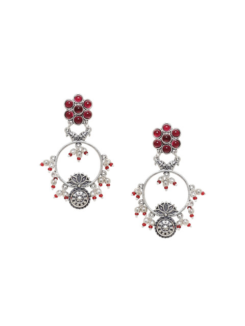 Voylla Oxidised Silver-Plated & Maroon Handcrafted Stone-Studded Circular Drop Earrings - Image 2