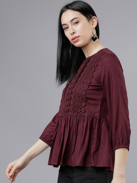 Tokyo Talkies Burgundy Lace Inserts Peplum Top - Image 3