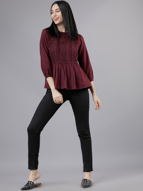 Tokyo Talkies Burgundy Lace Inserts Peplum Top - Image 5