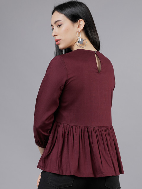 Tokyo Talkies Burgundy Lace Inserts Peplum Top - Image 4